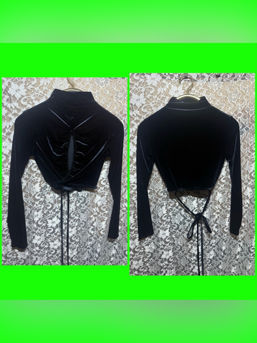 Black Velvet Long-Sleeve Wrap Crop Top small EUC